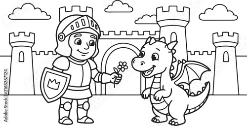 Cartoon boy hugging a dalmatian dog outdoors