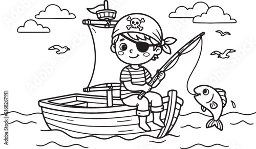 Cartoon boy in chef hat stirring soup pot in kitchen spoon