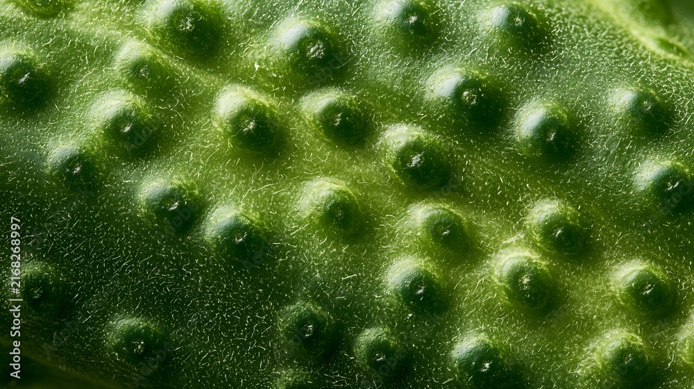 Obraz premium Vibrant green plant surface reveals a complex texture showing raised bumps, demonstrating intricate natural patterns and detailed botanical structure
