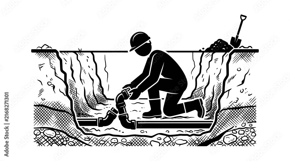 Obraz premium Construction worker installing pipes in trench, shovel and dirt pile nearby