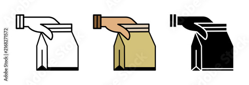 paper bag delivery vector icon set of hand holding takeaway food bag