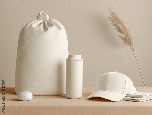 white sports accessories and bag on beige background