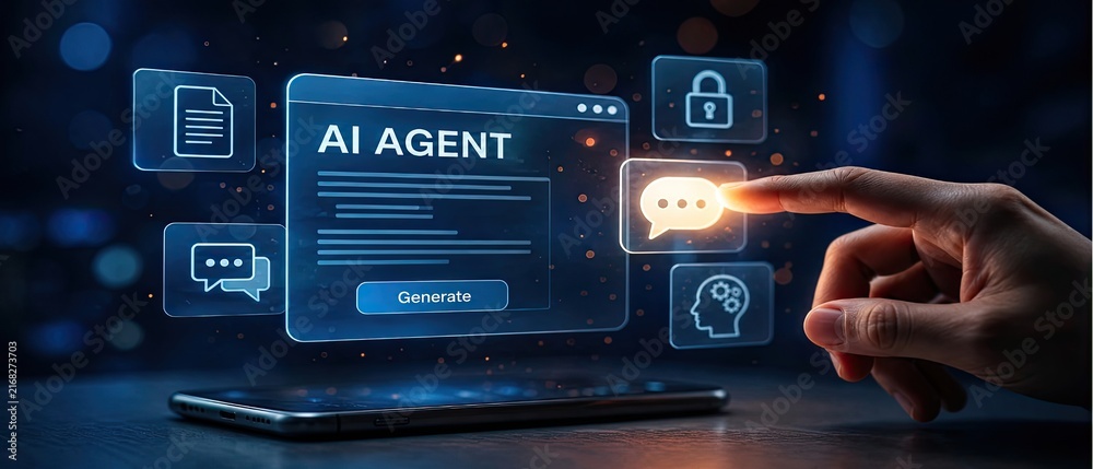 Naklejka premium Hand touching holographic ai agent interface window with generate button and document chat cloud security icons for advanced automated content production tool.