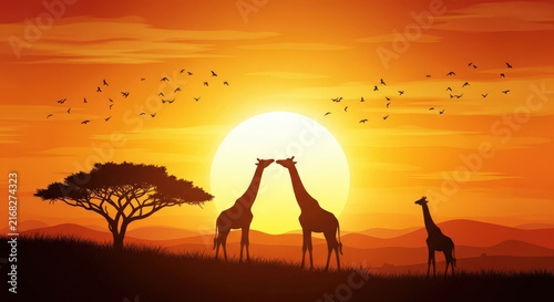 African Sunset Giraffes Tree Silhouette Illustration Wildlife Scene Orange Sky Flock Birds Savannah Grass Horizon Warm Light Tranquil Nature