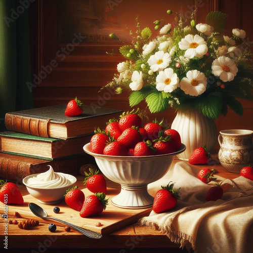 Still life of fresh red strawberries in a ceramic bowl, whipped cream, and white flowers on a rustic table with vintage books