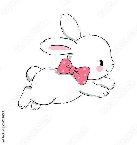 Cute hand drawn white bunny with pink bow on white background vector