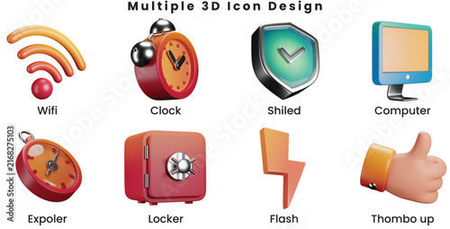 Multi-pall 3D icon design: PNG, Thombo up, Flash, Locker, Expoler, Computer, Shield, Clock, Wifi
