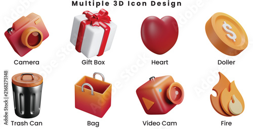 Multi-pall 3D icon design: PNG, Fire, Video Cam, Bag, Trash Can, Doller, Heart, Gift Box, Camera