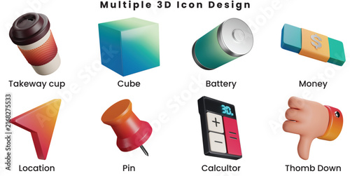 Multi-pall 3D icon design: PNG, Thomb Down, Calculator, Pin, Location, Money, Battery, Cube, Takeaway Cup