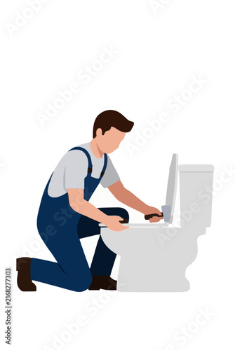 Hand-traced vector illustration of a professional plumber kneeling while repairing and replacing a ceramic toilet fixture, wearing blue work overalls and using a wrench tool for bathroom maintenance
