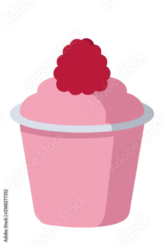 Hand-drawn vector illustration of a raspberry mousse dessert in a pink cup topped with a fresh raspberry berry, sweet creamy pink treat icon design for bakery and confectionery themes