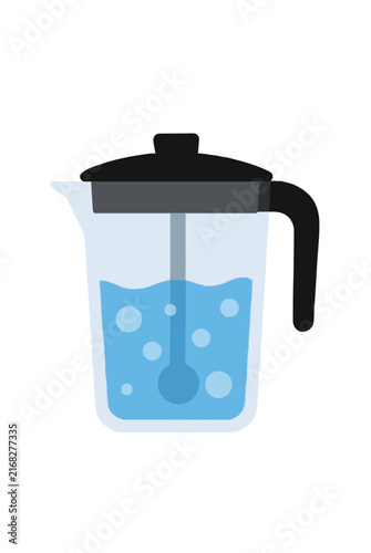 Vivid hand-traced vector illustration of a clear pitcher with black lid, filled with light blue water and floating bubbles, depicting a refreshing beverage server icon