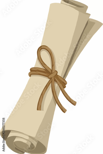 Hand-traced vector illustration of a rolled parchment scroll tied with rustic brown twine bow, vintage paper bundle icon with curled ends and natural rope binding in beige and tan tones
