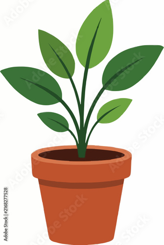 Hand-traced vector illustration of a lush green potted houseplant with broad leaves in a classic terracotta clay pot, clean minimalist design for modern interior decor, botanical icon