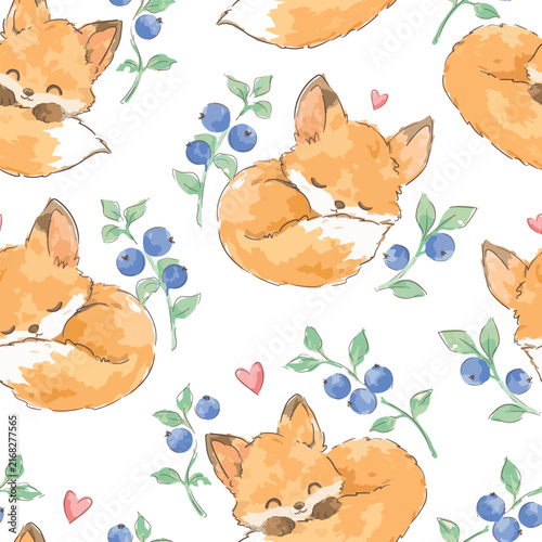 Seamless hand drawn fox and blueberry pattern with woodland animals and leaves