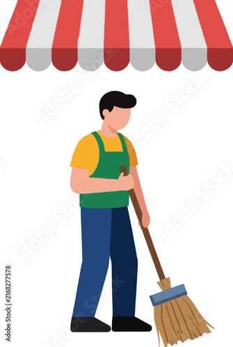 Vibrant flat vector illustration of a shop owner in a green apron sweeping the sidewalk with a broom, framed by a red and white striped awning, perfect for small business graphics