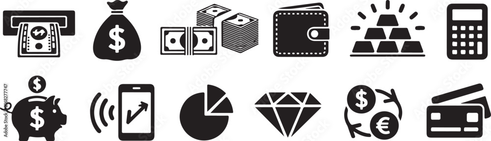 Fototapeta premium Financial Icons Collection with Currency and Wealth Symbols in Flat Design Style