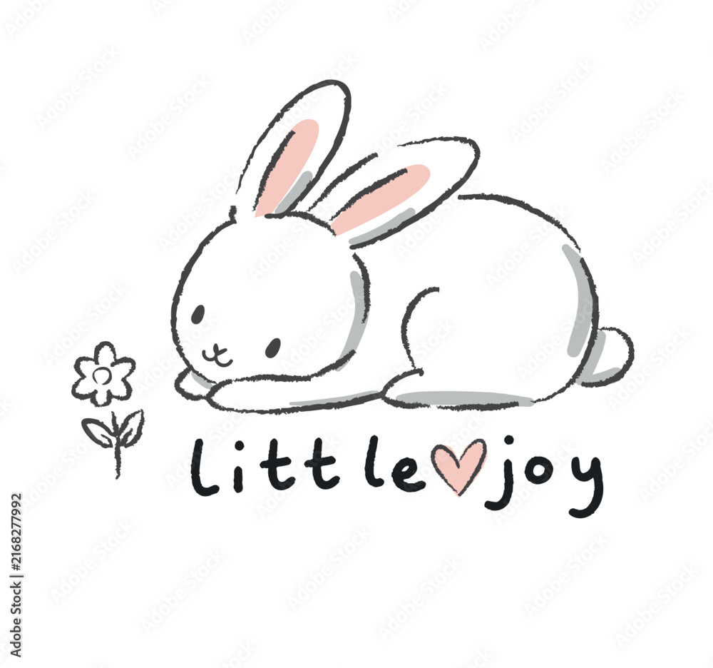 Naklejka premium Cute hand drawn white bunny with little joy lettering and flower vector