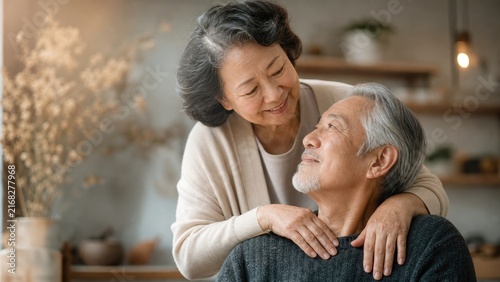 Happy senior couple embracing at home, loving older marriage and healthy aging lifestyle concept