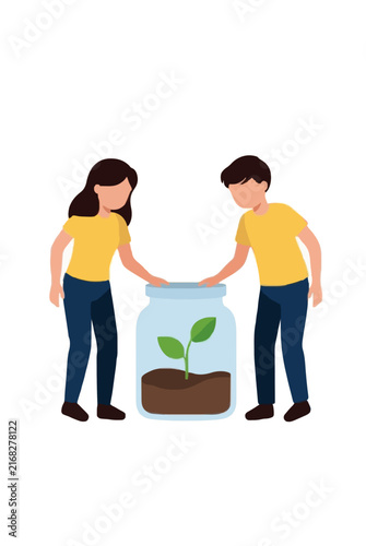 Hand-drawn vector illustration of two students observing a green seedling sprouting in a glass jar with soil, depicting a charming educational science experiment scene