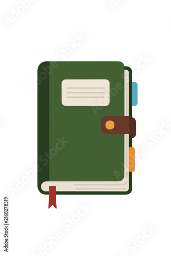 Hand-drawn green hardcover notebook journal with leather strap closure, blank label, colorful tab bookmarks, and red ribbon marker, charming flat vector illustration for wildlife observation notes