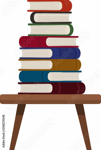 Vibrant hand-traced vector illustration of a tall stack of colorful hardcover novels piled neatly on a wooden table with splayed legs, flat design isolated on white background, perfect for education