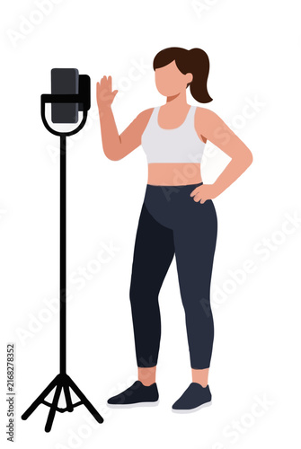 Young female fitness instructor in athletic crop top and leggings recording a workout video with a smartphone on a tripod, hand-drawn flat vector illustration, fitness content creation concept