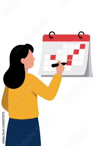 Hand-traced vector illustration of a woman marking dates on a wall calendar with a marker. Flat design style icon depicting planning, scheduling, and organization concept with minimalist elements.