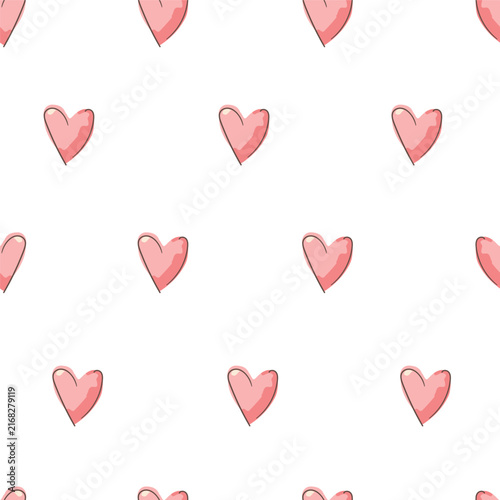 Cute hand drawn vector pink heart seamless pattern on a white background 