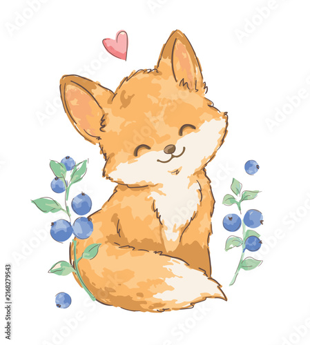Cute hand drawn fox sitting among blueberries with a tiny heart vector illustration kids print