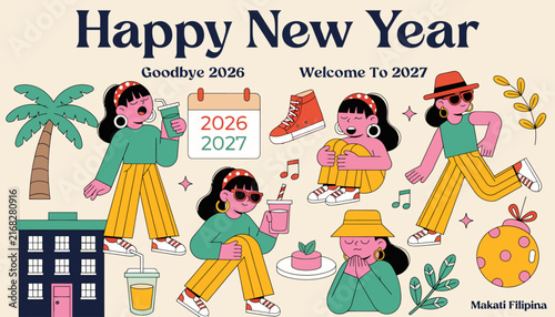 Happy New Year 2027 - Festive Characters Celebrating & Ready for New Beginnings with Tropical Elements