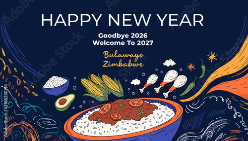 Happy New Year 2027 Bulawayo Zimbabwe Food Celebration with Corn, Chicken and Chili