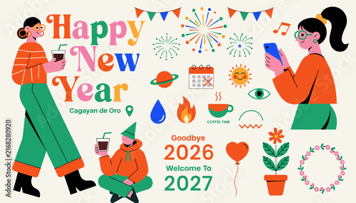 Happy New Year 2027 Celebration Graphics with People, Fireworks, and Festive Icons