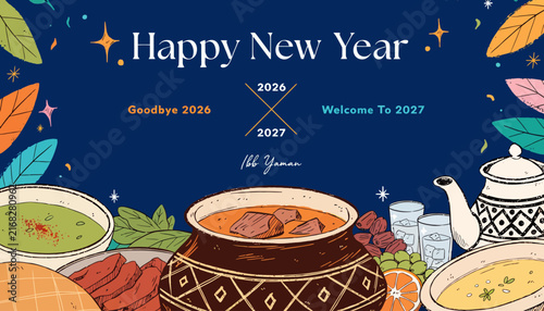 Happy New Year 2027 Celebration with Festive Food Spread and Decorations