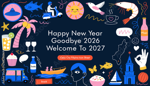 Happy New Year 2027 Celebration with Filipino Icons, Cebu City Theme
