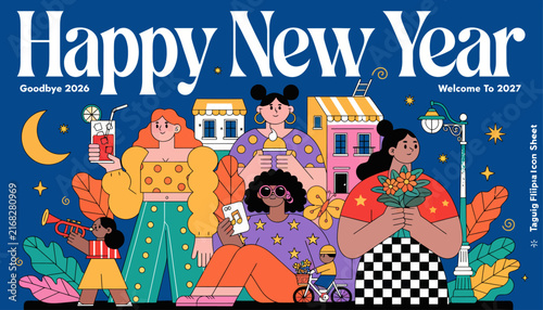 Happy New Year 2027 Celebration with Diverse Group of Young Women in Festive Atmosphere, Flat Illustration Style
