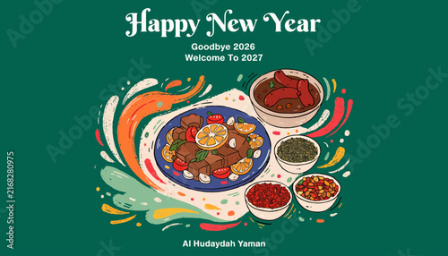 Happy New Year 2027 Festive Food Illustration with Arabic Cuisine and Calligraphy