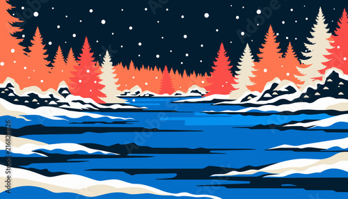 Pixel Art Winter Landscape with Snowy Forest, Frozen River, and Starlit Night