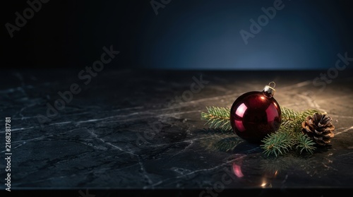 Red christmas ornament with pine branch on dark stone table