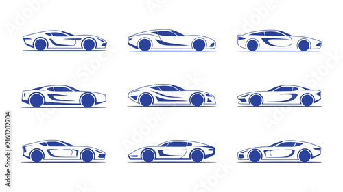 Minimal sports car silhouette collection, sleek black vector automobile side profiles featuring modern luxury vehicles for automotive logos and branding.