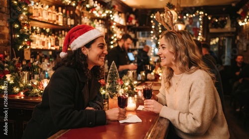 Two friends share a festive moment at a warmly lit bar during the christmas season