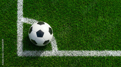 Top View of Soccer Ball Framed by White Corner Lines on Green Field