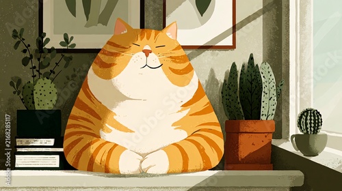 A cartoon orange tabby cat rests peacefully on a windowsill, with plants and natural light. It exudes calm