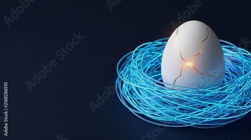 Futuristic white porcelain egg with glowing golden crack in nest of illuminated blue fiber optic cables on dark background with copy space