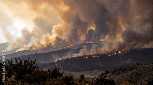 Massive wildfire rages across hills and mountains, engulfing trees in flames and smoke, threatening nearby communities as nature struggles to survive