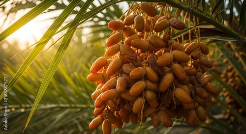A beautiful cluster of ripe yellow dates hanging from a palm tree at sunset.