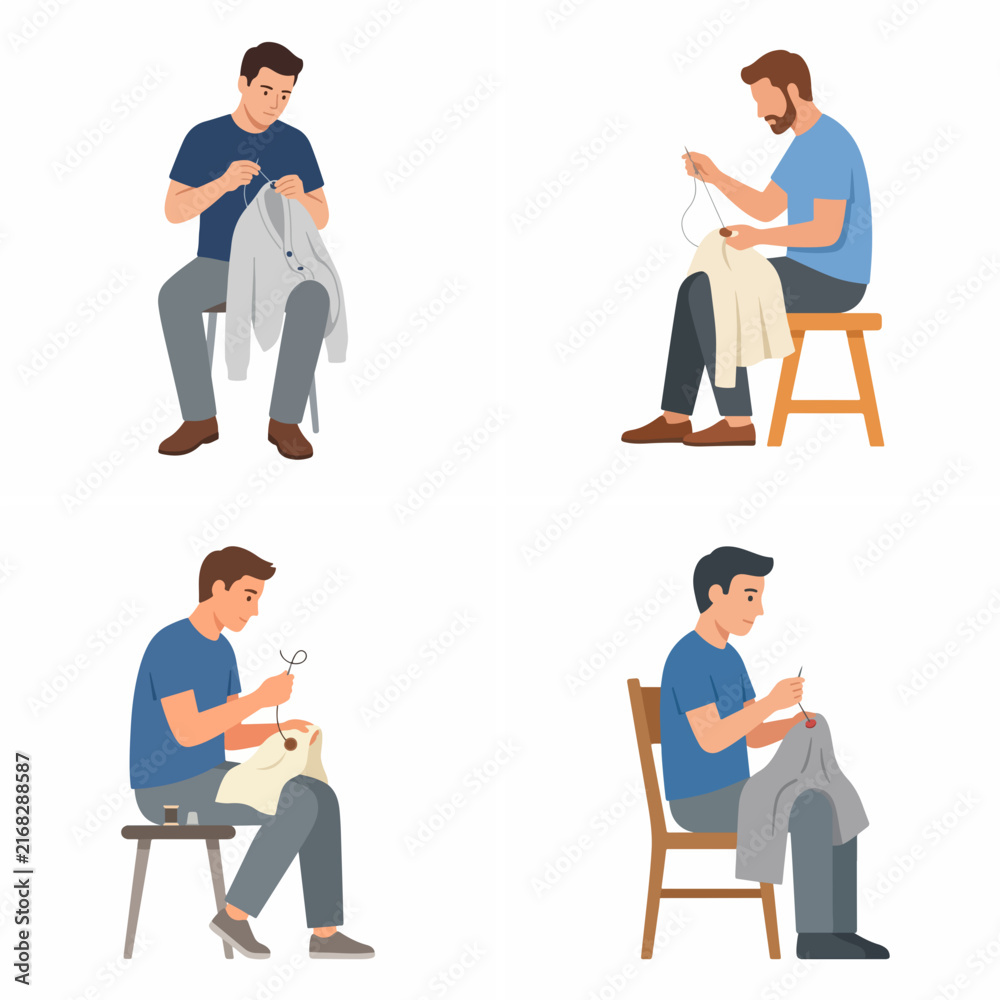 Fototapeta premium Set of four men sewing and mending clothes flat vector illustration isolated on white background