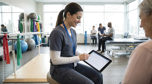 Physical Therapy Consultation: A smiling physical therapist, wearing blue scrubs, consults with an elderly patient in a rehabilitation clinic, discussing treatment progress on a tablet computer.