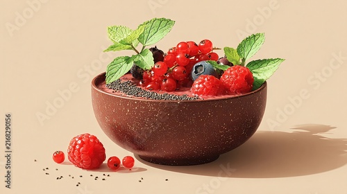 A vibrant smoothie bowl with fresh berries, chia seeds, and mint leaves, resting on a beige surface with a shadow