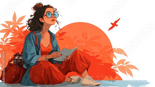 A young woman with glasses sits outside, reading, looking up at a flying bird. The sun sets, creating a warm, vibrant color palette